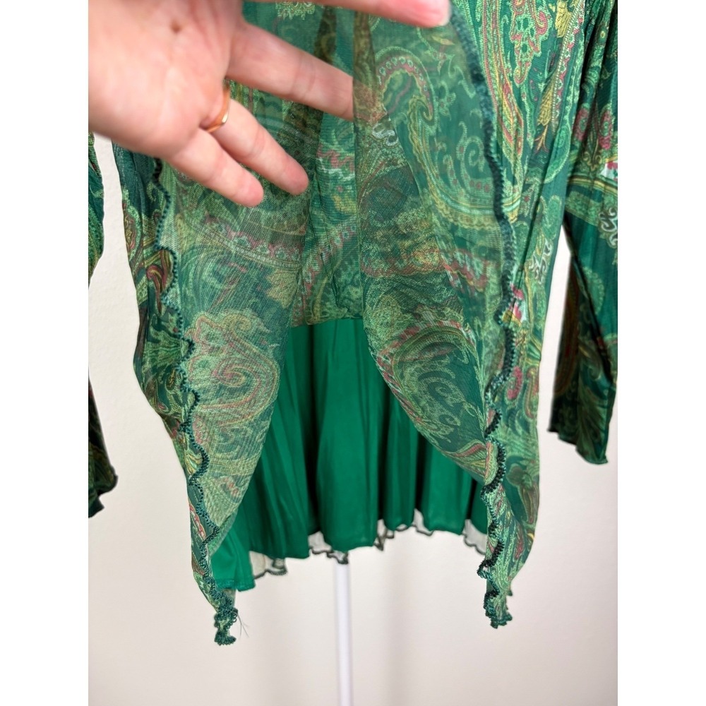 Soft Goth Green Paisley Blouse Mesh Mock Neck Lettuce Edge Long Sleeve Stretchy - Picture 6 of 8